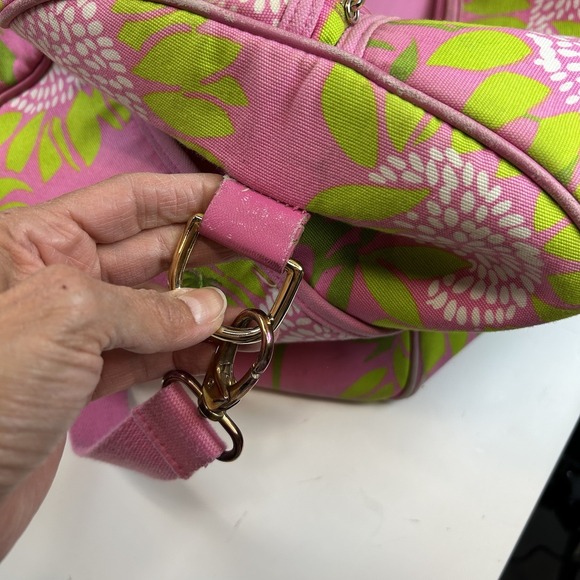 Lilly Pulitzer Sunflower Soleil Duffle Bag With Leather Strap Pink Green 20"x10" - Picture 11 of 13